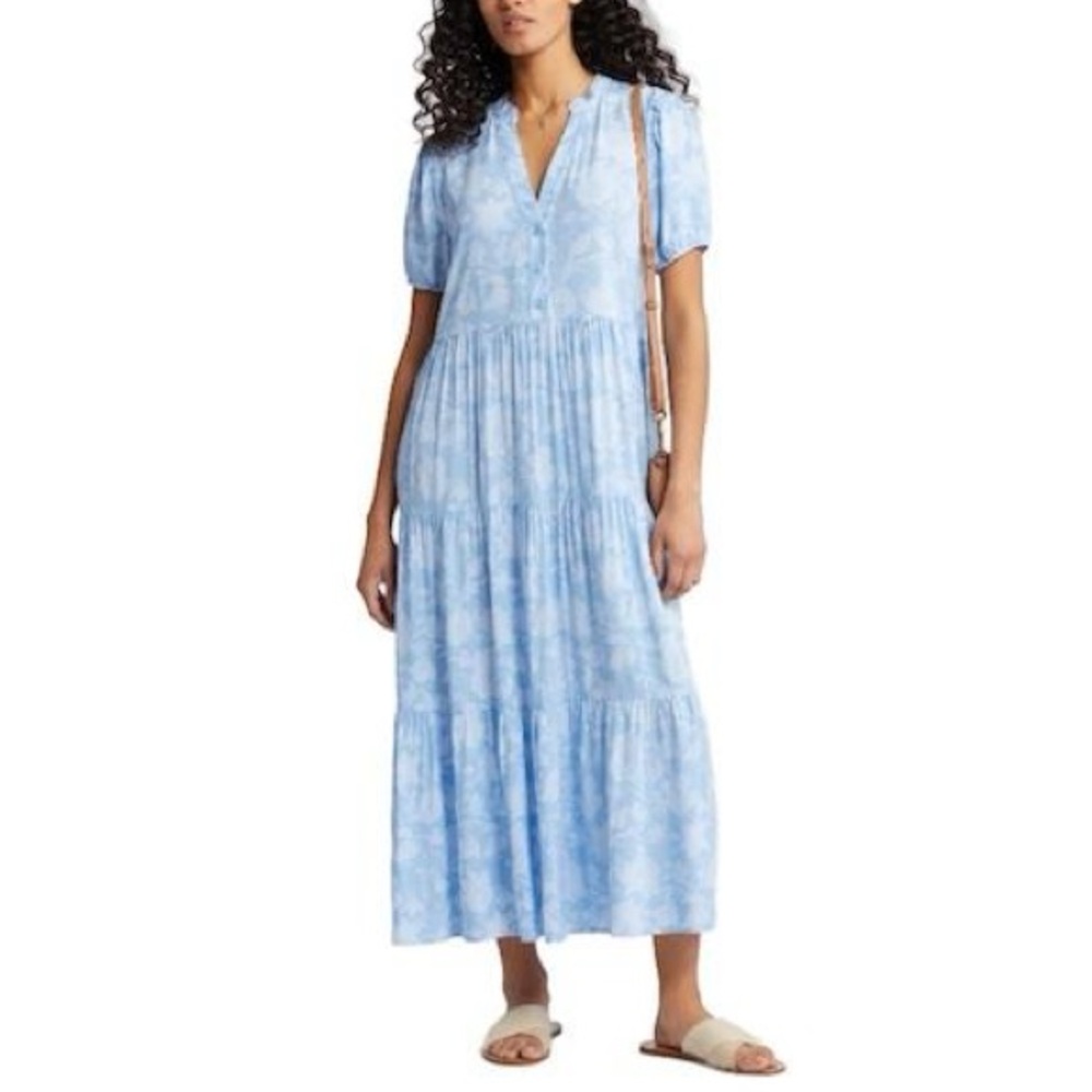Caslon Blue Floral Short Sleeve Tiered Maxi Dress Size XS